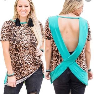 Leopard and teal open back blouse